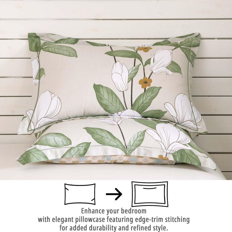 ALEISSEL Pale Moss Green Botanical Cotton Comforter Queen Size - Elegant White Magnolia Floral Front & Retro Taupe Checkerboard Reverse  Lightweight 3PC Bedding Sets with Soft Fill 90  90 - Image 4